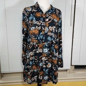 H&M $40 Size 8 Long Sleeve Dark Teal Blue Green Cream Mustard Floral Tunic Dress